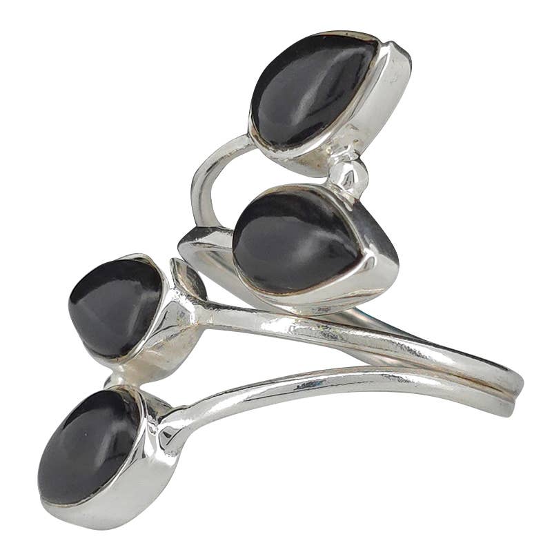 4-Stone Black Onyx Silver Adjustable Ring