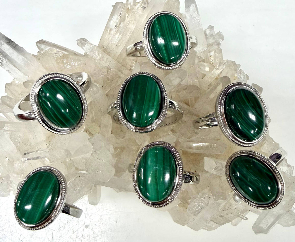 Natural Malachite Ring White Bronze