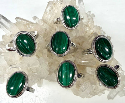 Natural Malachite Ring White Bronze