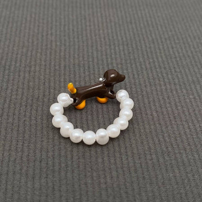 Ceramic Dachshund Dog Pearl Beaded Elastic Ring - Y2K