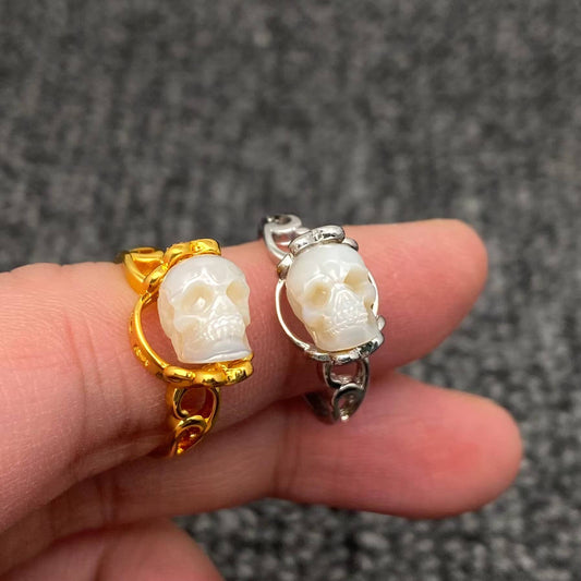Gothic Freshwater Pearl Carved Skull Adjustable Ring