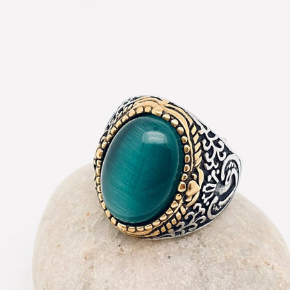 Green Onyx Flame Pattern Stainless Steel Ring