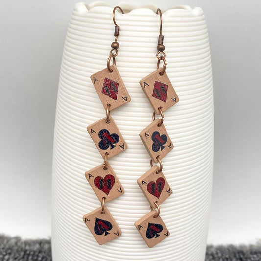 Wooden Ace Poker Cards Linked Dangle Earrings