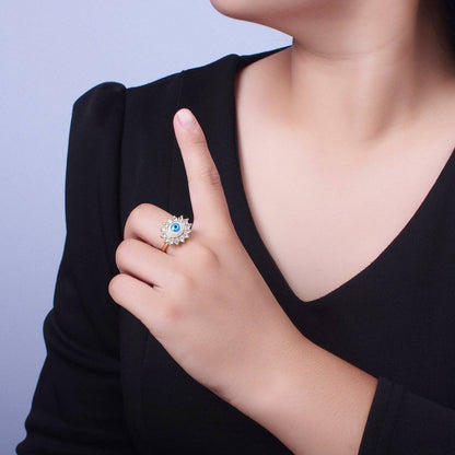 Blue Evil Eye & Swarovski Crystal Gold Adjustable Ring