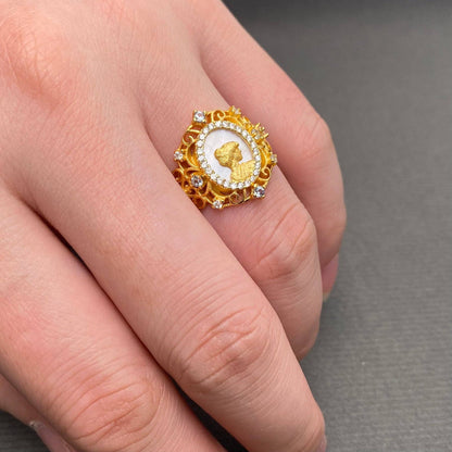 Shell & Rhinestone Inlaid 18K Cameo Adjustable Ring