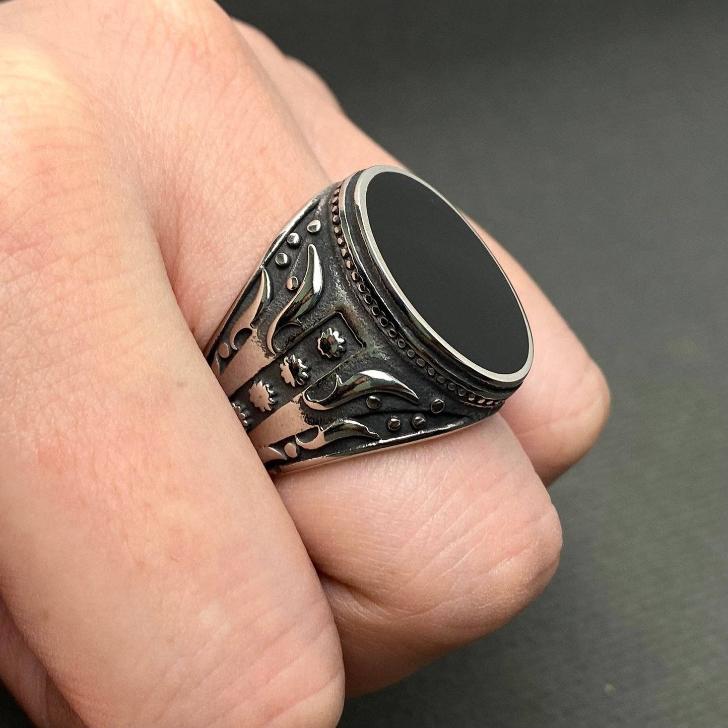 Black Agate Stainless Steel Ring