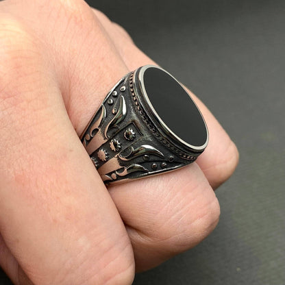 Black Agate Stainless Steel Ring