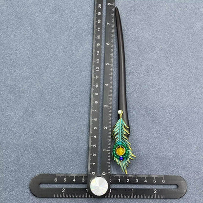 Classic Agate Metal Peacock Feather Long Ebony Wood Hairpin