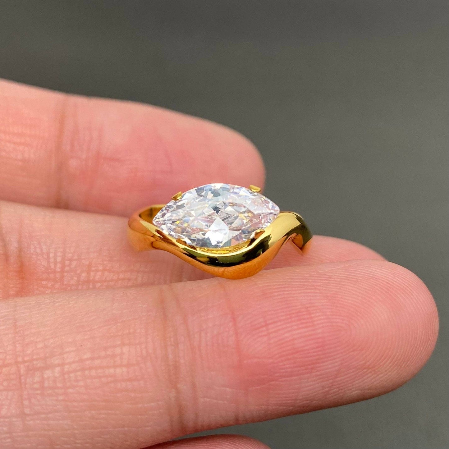 Zirconia Inlaid Irregular Geometry 18K Gold Plated Stainless Steel Ring