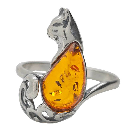 Cat Amber Sterling Silver Cat Ring