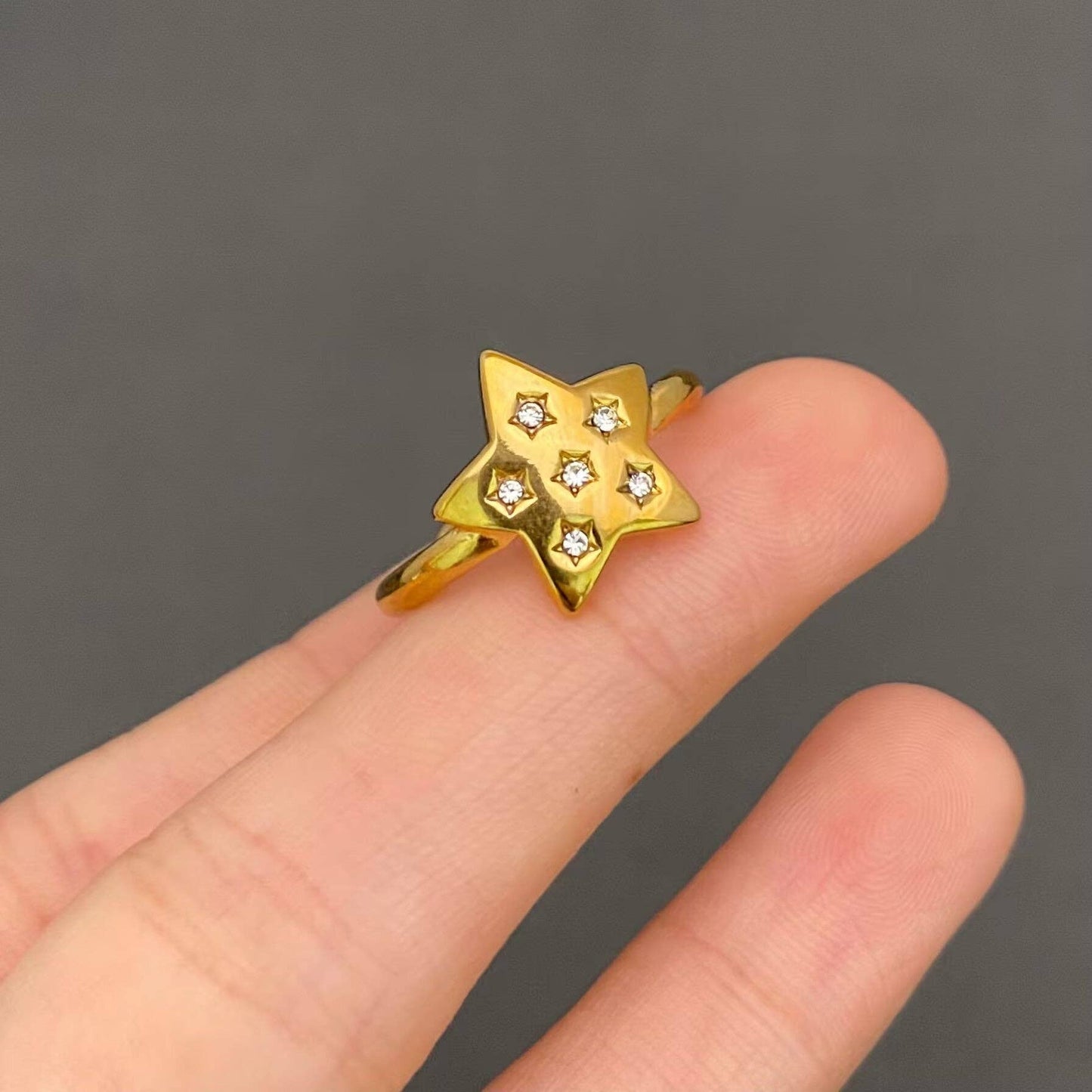 Cubic Zirconia Star 18K Gold Plated Stainless Steel Ring