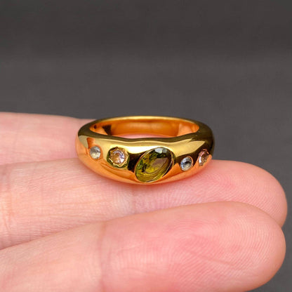 Colored Zircon Inlaid 18K Gold Plated Stainless Steel Ring