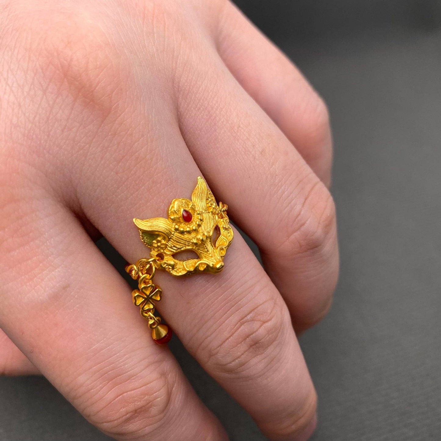 Brass Fox Mask 18K Gold Plated Chain Ring