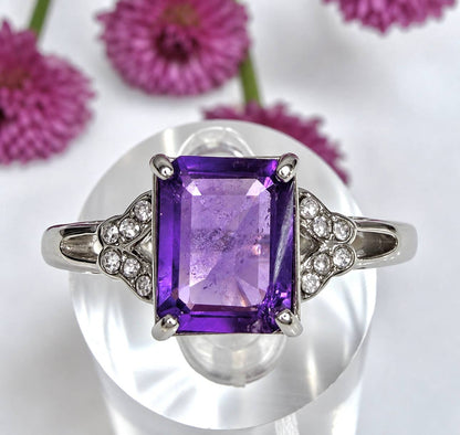 Natural Amethyst Emerald Cut Stainless Steel Ring 7x9mm