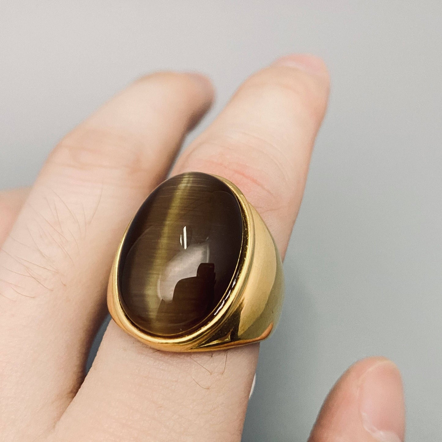 Gemstone Signet Ring☆ 18k Gold Plate Stainless Steel ☆ Tiger Eye ☆ Malachite