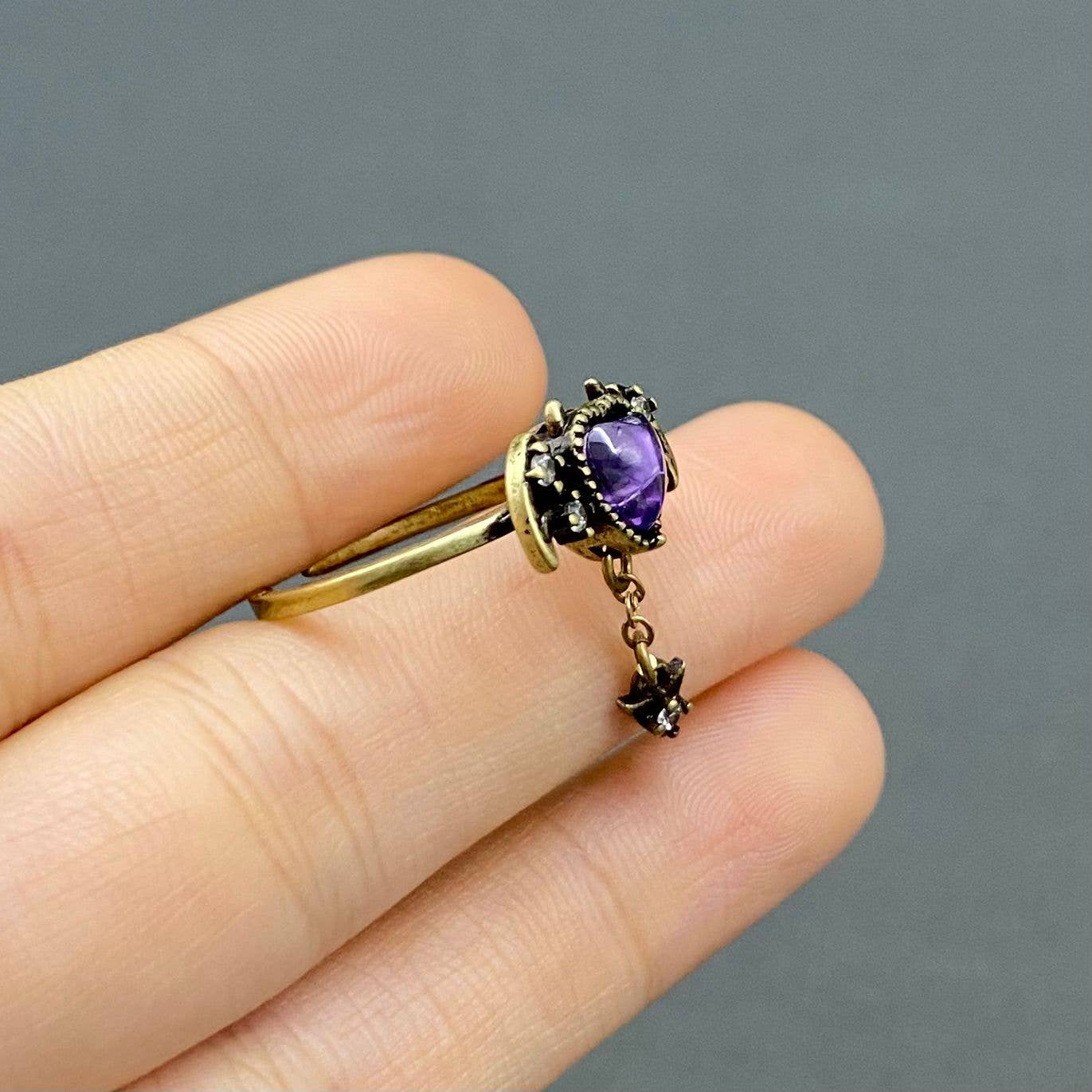 Purple Rhinestone Demon Heart Bronze Adjustable Ring