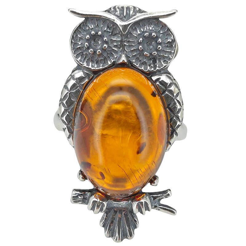 Owl Cognac Amber Sterling Silver Adjustable Ring