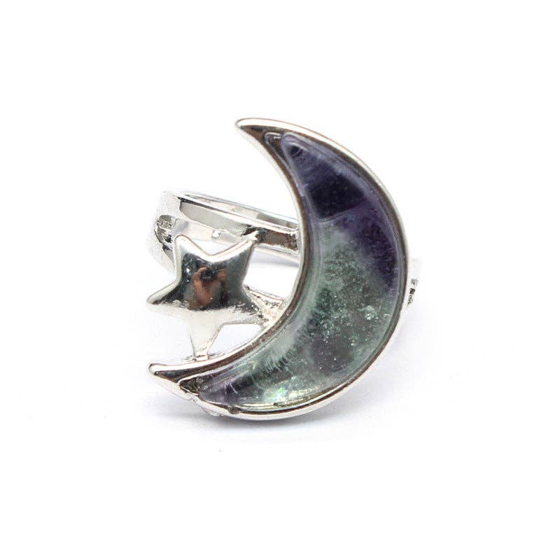Agate Moon & Star Silver Tone Adjustable Ring