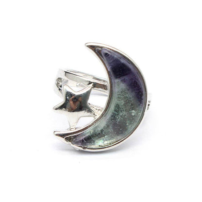 Agate Moon & Star Silver Tone Adjustable Ring