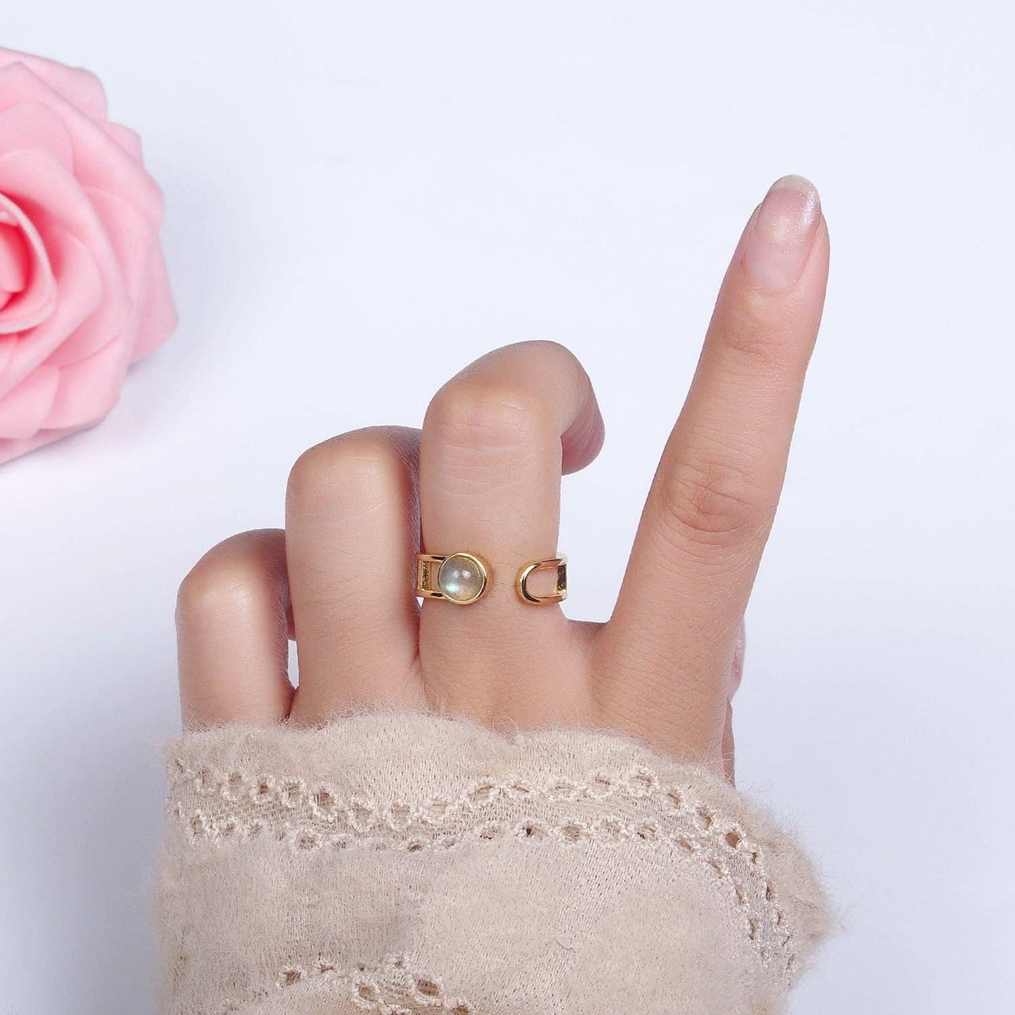 14K Gold Filled Round Labradorite Bar Wrap Double Band Adjustable Ring