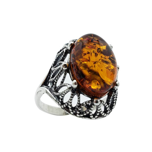 Cognac Amber Sterling Silver Ring