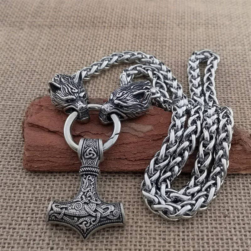 Viking Thor's Hammer Wolf Head Pendant Necklace