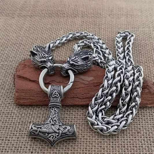 Viking Thor's Hammer Wolf Head Pendant Necklace