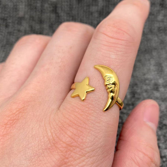 Star Moon 18K Gold Plated Stainless Steel Adjustable Ring