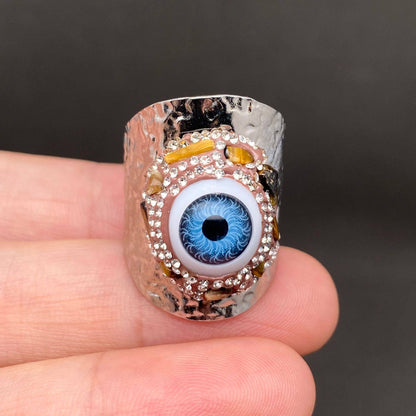 Evil Eye Swarovski Crystal & Inlaid 18K Gold Plated Stainless Steel Ring