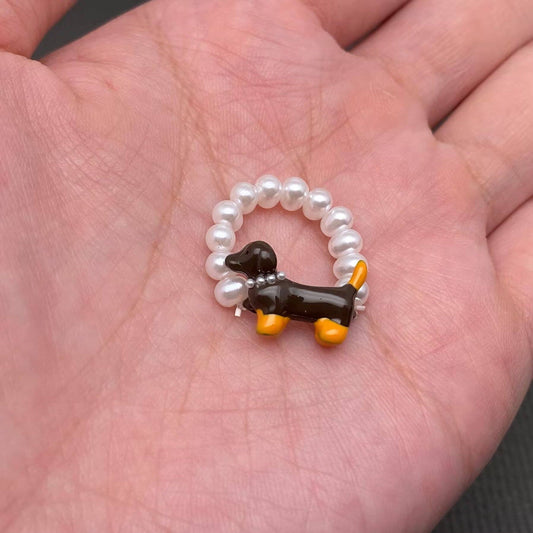 Ceramic Dachshund Dog Pearl Beaded Elastic Ring - Y2K
