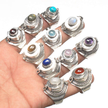 Handmade Silver-Plated Poison Rings with Semiprecious Gemstones