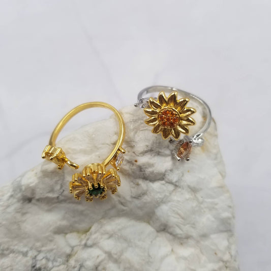 Swarovski Crystal Sunflower Anxiety Ring - Adjustable