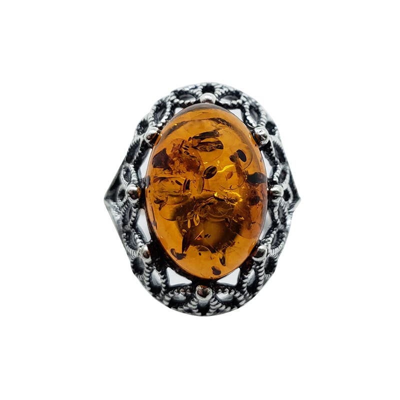 Cognac Amber Sterling Silver Ring