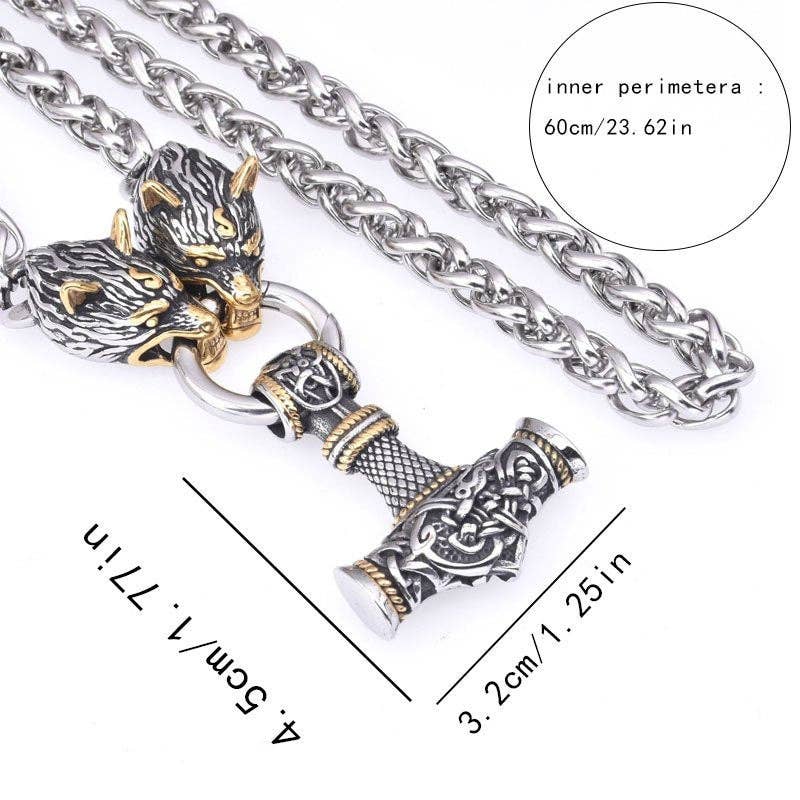 Rune Hammer Pendant Wolf Head Necklace