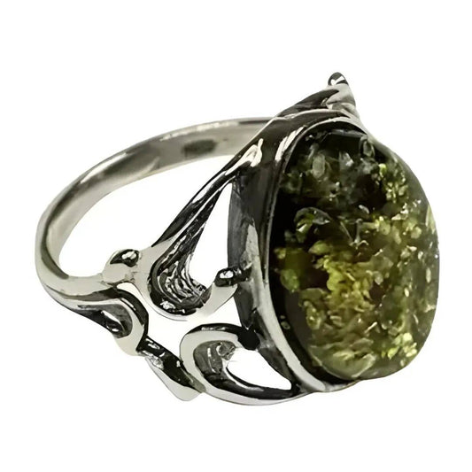Green Amber Sterling Silver Ring