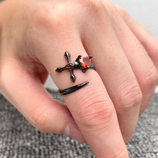 Gothic Heart Cubic Zirconia Cross Adjustable Black Ring