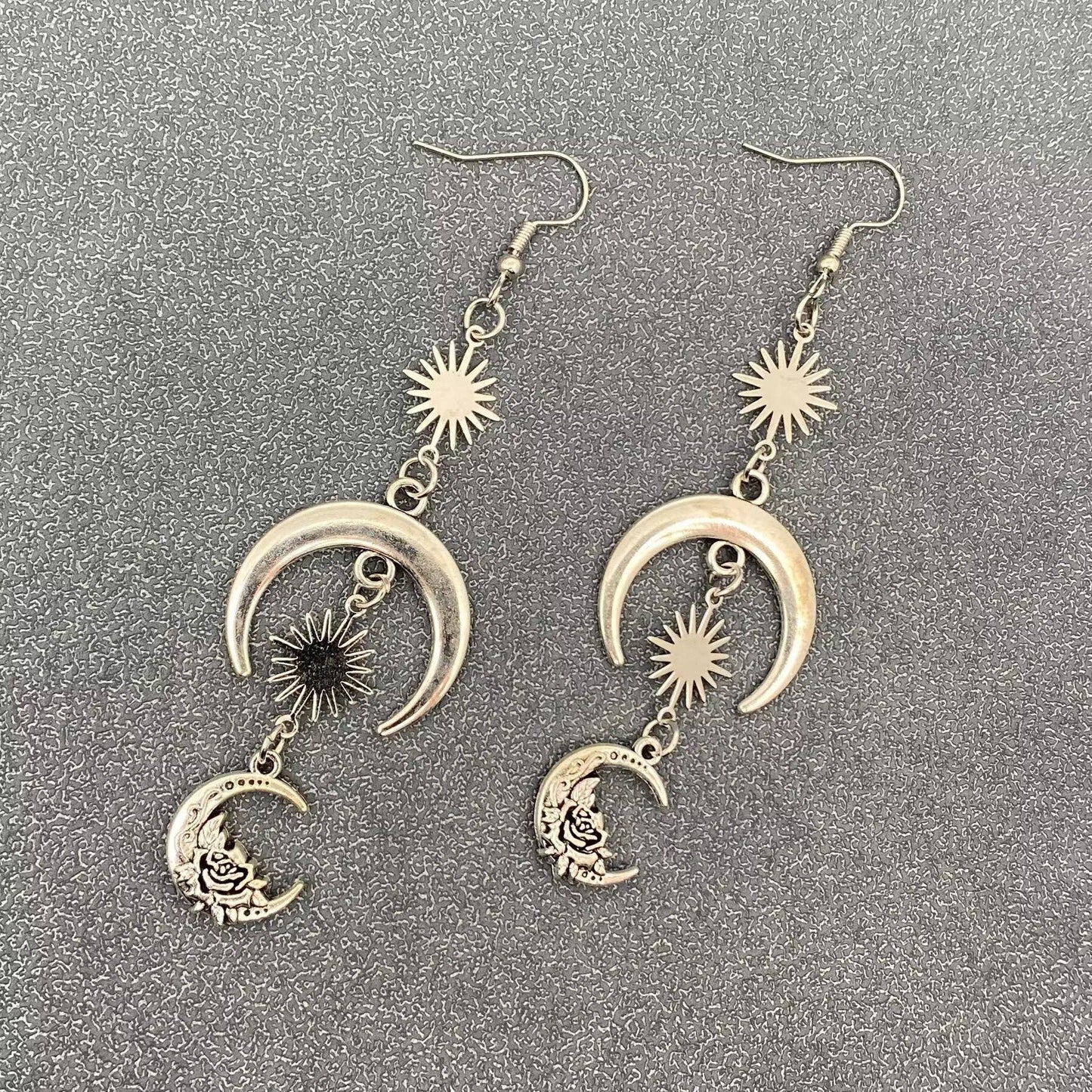 Silver Tone Star Moon Linked Dangle Earrings