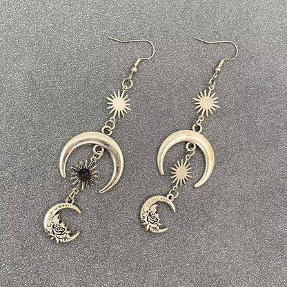 Silver Tone Star Moon Linked Dangle Earrings