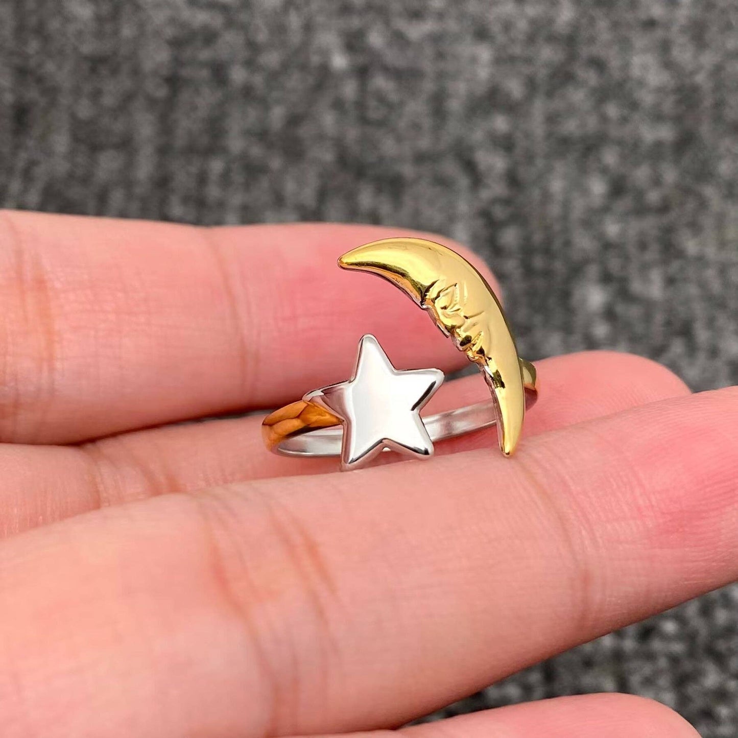 Two Tone 18K Gold Plated Stainless Steel Star Moon Ring