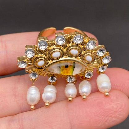 Vintage Pearl Fringe Eye Rhinestone Inlaid Gold Plated Ring