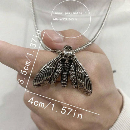 Vintage Gothic Skull Moth Pendant Necklace with Chain