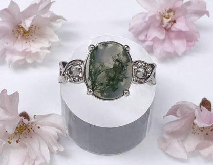 Natural Moss Agate Stainless Steel Rings - Herkimer Diamond Details
