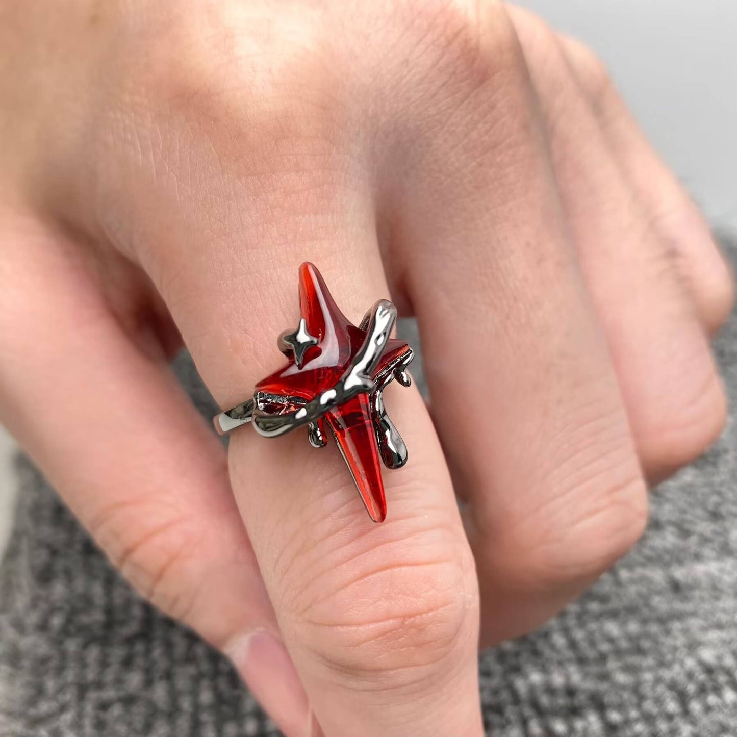 Gothic Red Star Adjustable Ring