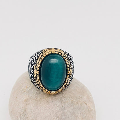 Green Onyx Flame Pattern Stainless Steel Ring
