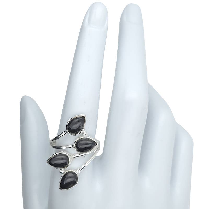 4-Stone Black Onyx Silver Adjustable Ring