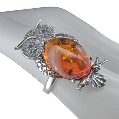 Owl Cognac Amber Sterling Silver Adjustable Ring