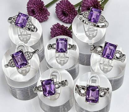 Natural Amethyst Emerald Cut Stainless Steel Ring 7x9mm
