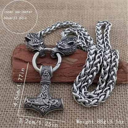 Viking Thor's Hammer Wolf Head Pendant Necklace