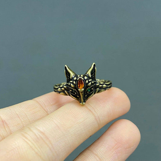 Vintage Style Rhinestone Fox Head Bronze Adjustable Ring