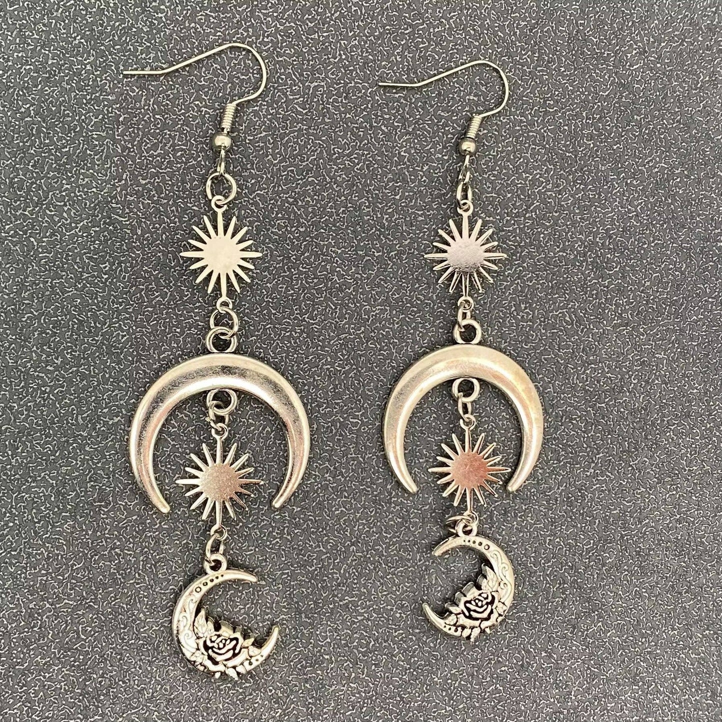 Silver Tone Star Moon Linked Dangle Earrings